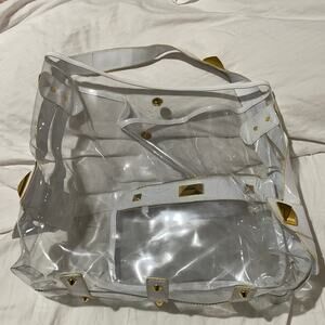 Clear large plastic see through white patent accents gold hardware guc